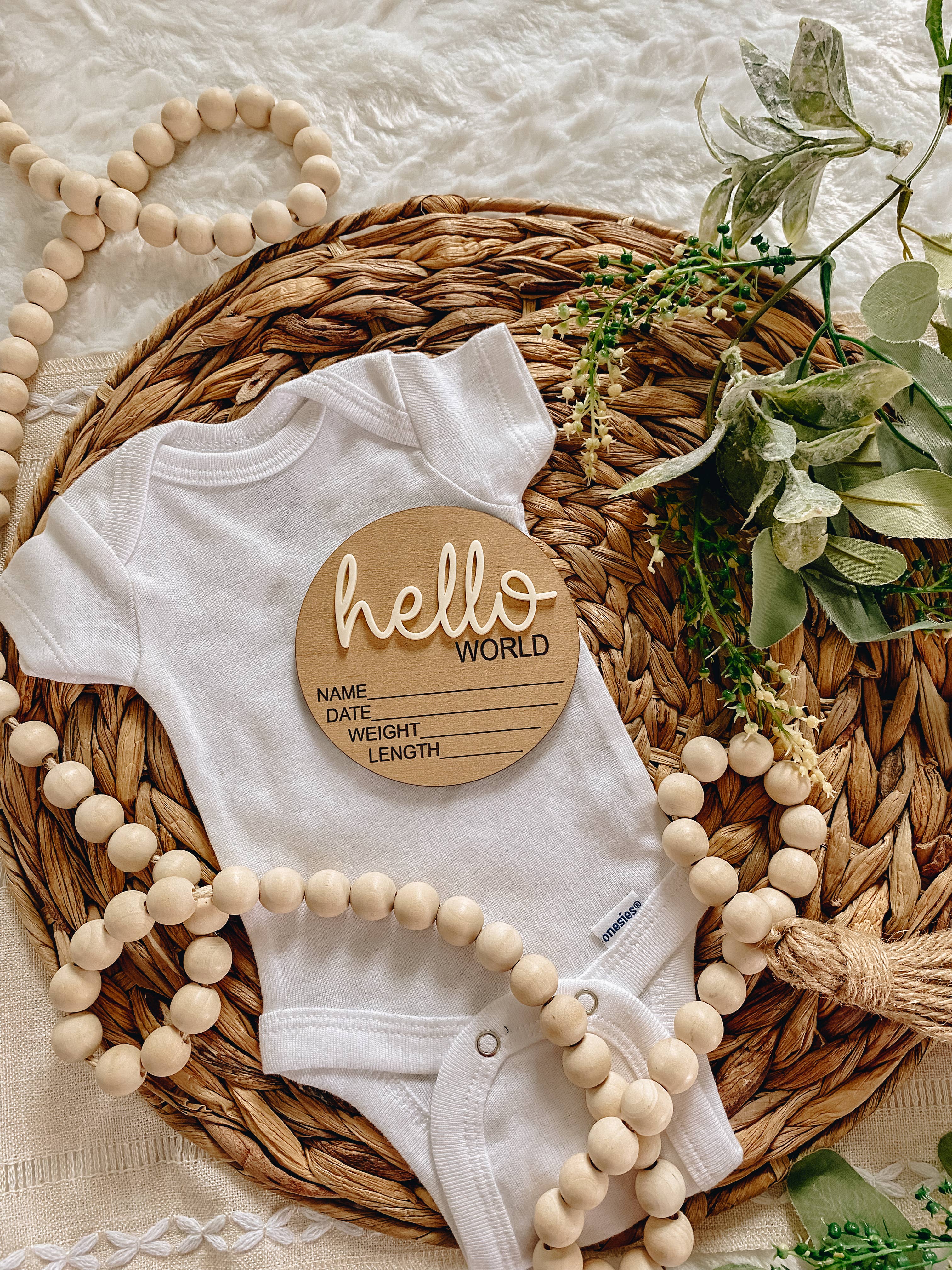 Hello World Birth Stat Announcement Wood Disc - Layered 3D