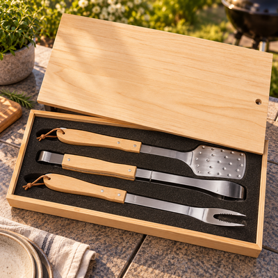 Blank wooden barbecue tool set on an outdoor patio table