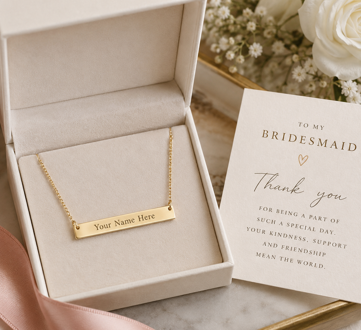 Personalized bridesmaid thank-you necklace engraved Your Name Here
