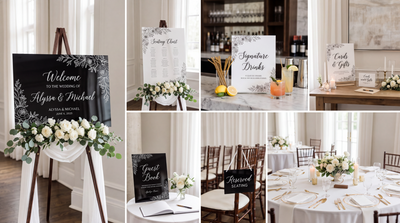 Floral black and white wedding signage and reception details for The Complete Wedding Detail Suite