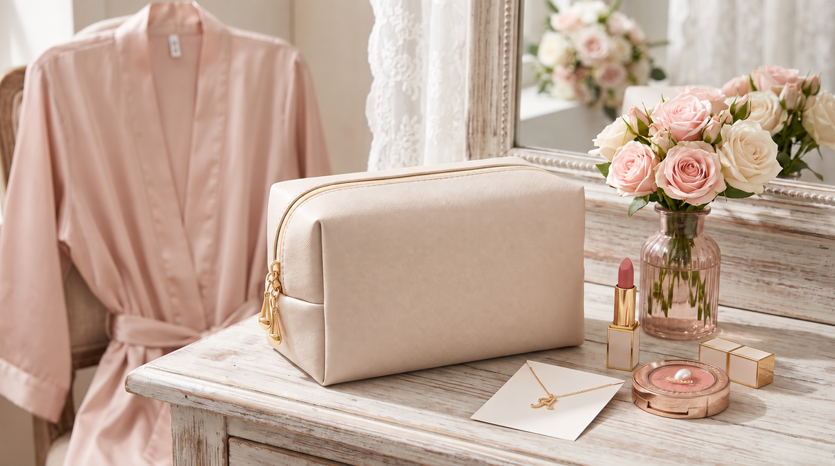 Blank beige cosmetic bag ready for personalization