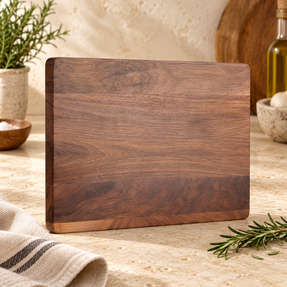 Blank walnut cutting board styled on a warm kitchen counter