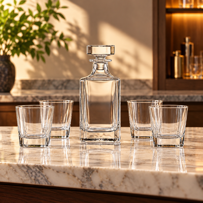 Blank glass decanter with four lowball glasses on a home bar