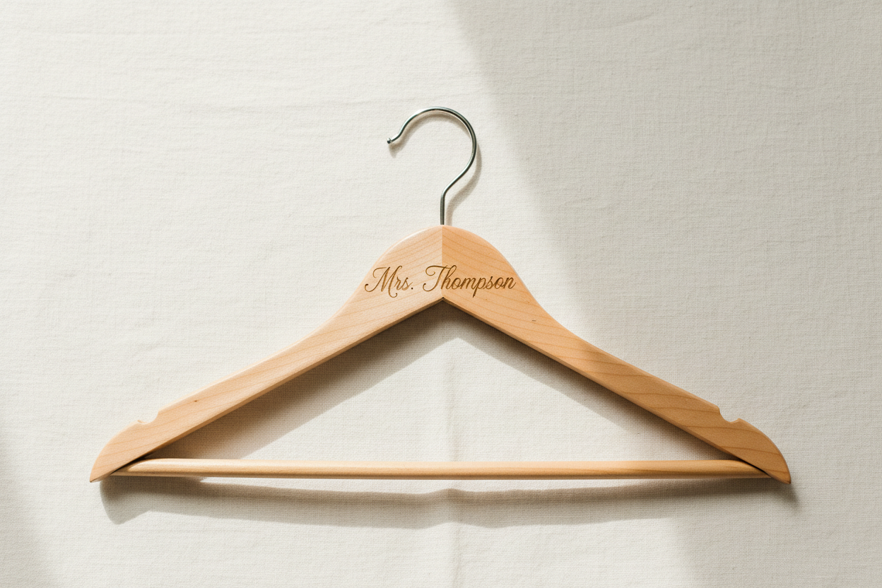 engraved wooden hanger for a wedding bride or bridesmaid minimalist realistic 