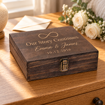 Our Story Continues — Personalized Anniversary Keepsake Box — engraved Single Medium wooden keepsake box in a lifestyle setting