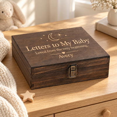Letters to My Baby — Personalized First Memories Box — engraved Single Medium wooden keepsake box in a lifestyle setting
