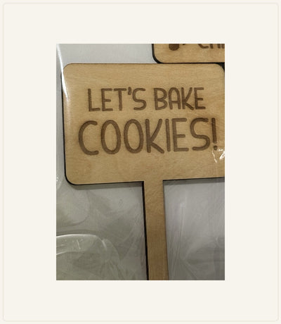 Authentic engraved wood product photograph: Let’s Bake Cookies — Wooden Helper Sign