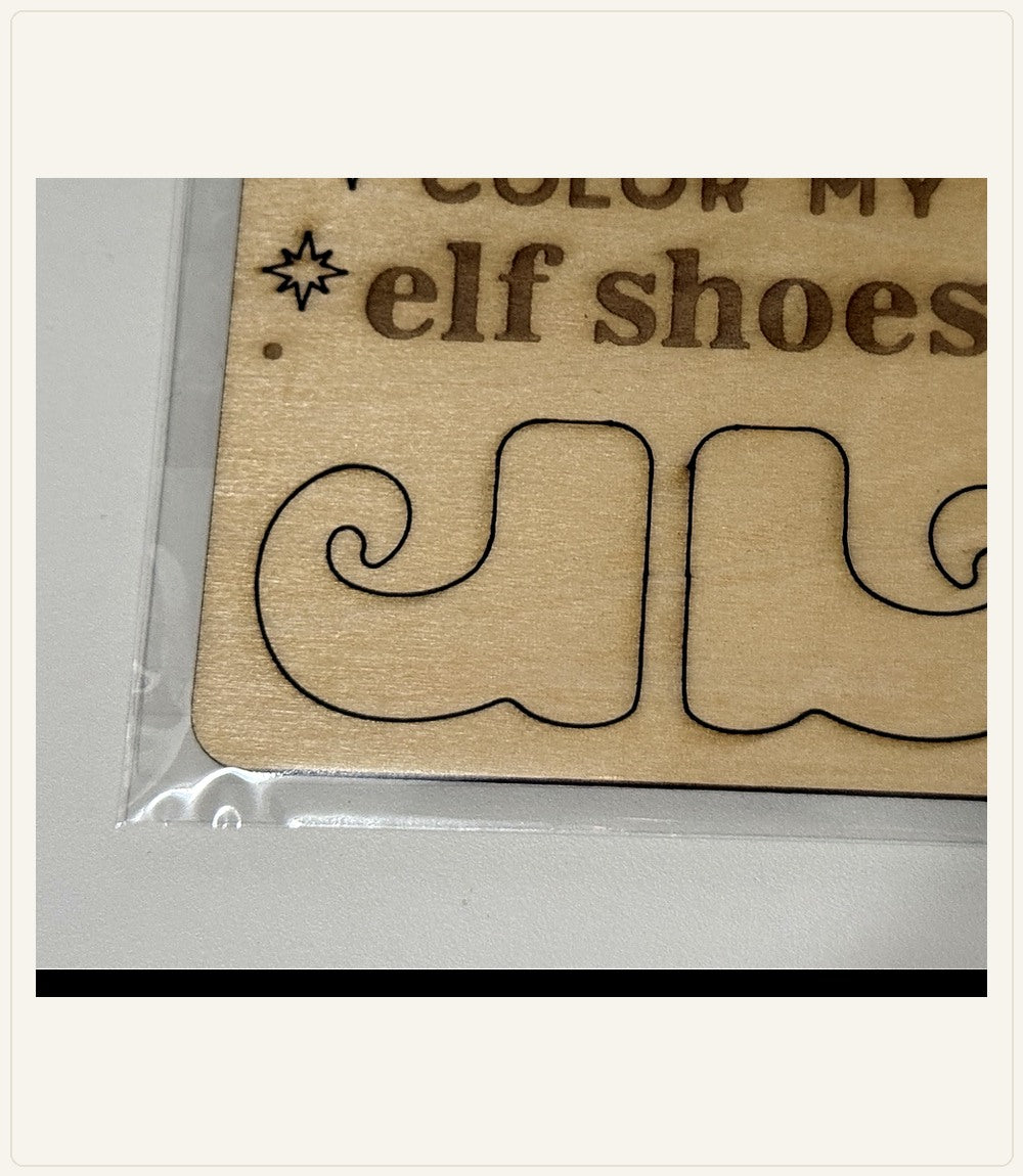 Authentic engraved wood product photograph: Color the Holiday Shoes — Christmas Helper Activity Sign