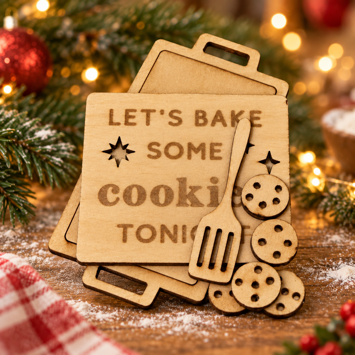 Lifestyle concept showing the engraved wooden Christmas Helper prop in a cozy festive setting; refer to original product photo for actual engraving and cut details