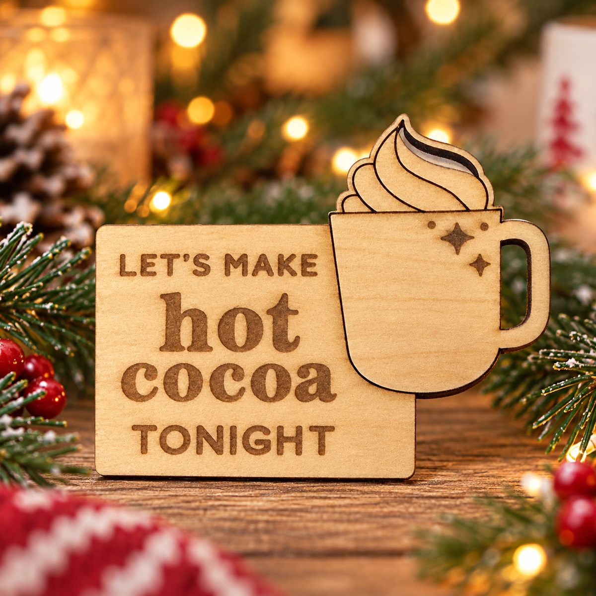 Lifestyle concept showing the engraved wooden Christmas Helper prop in a cozy festive setting; refer to original product photo for actual engraving and cut details