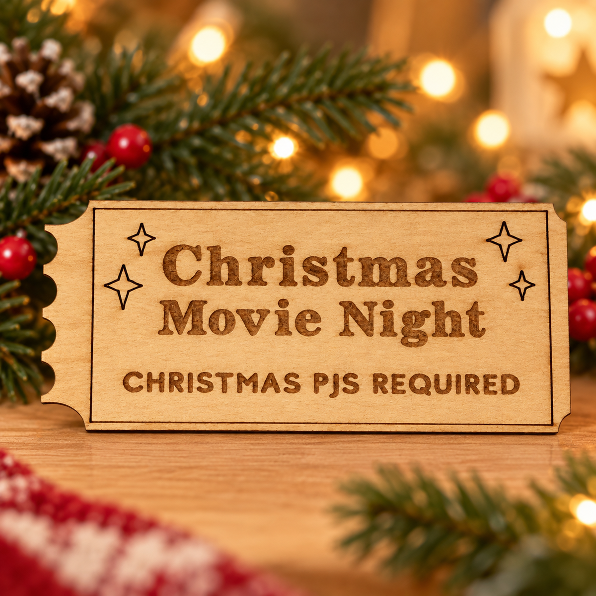 Lifestyle concept showing the engraved wooden Christmas Helper prop in a cozy festive setting; refer to original product photo for actual engraving and cut details