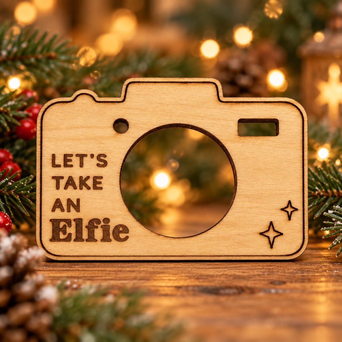 Lifestyle concept showing the engraved wooden Christmas Helper prop in a cozy festive setting; refer to original product photo for actual engraving and cut details