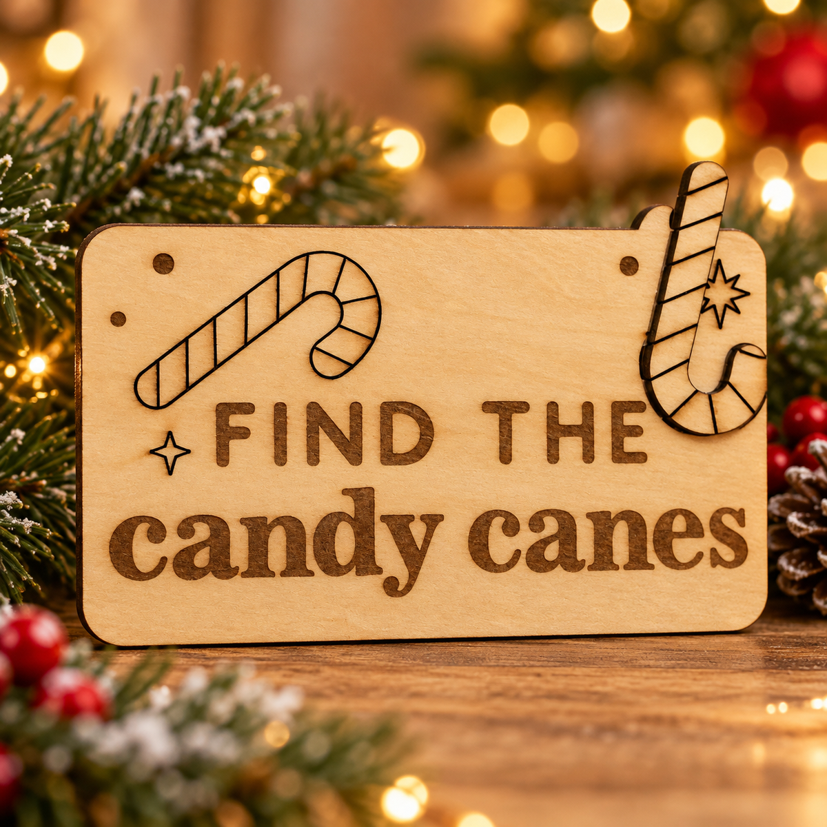 Lifestyle concept showing the engraved wooden Christmas Helper prop in a cozy festive setting; refer to original product photo for actual engraving and cut details