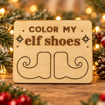 Lifestyle concept showing the engraved wooden Christmas Helper prop in a cozy festive setting; refer to original product photo for actual engraving and cut details