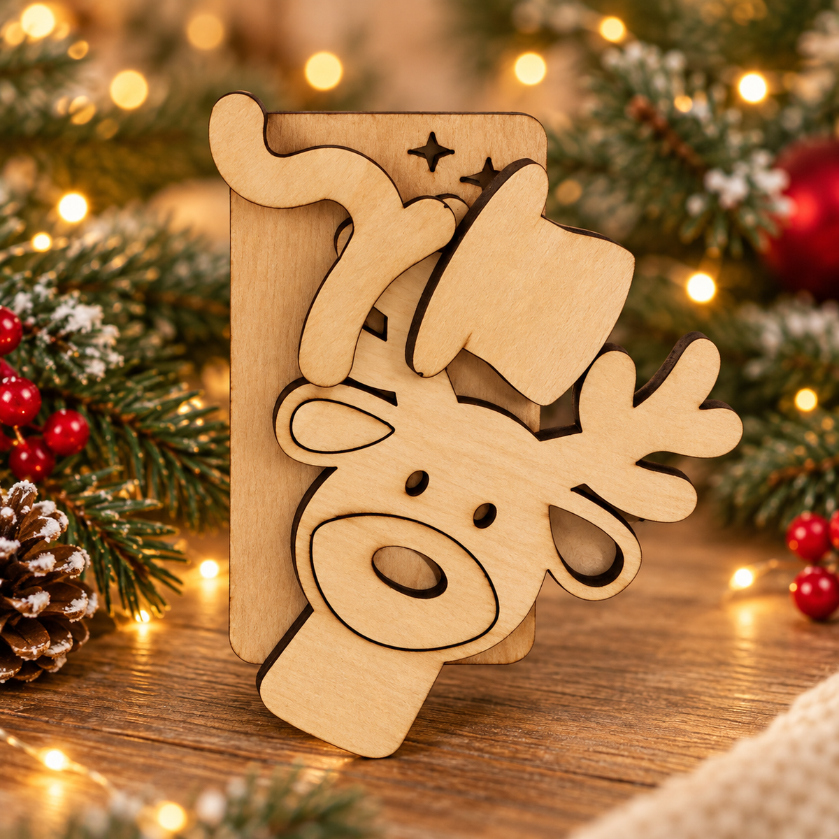 Lifestyle concept showing the engraved wooden Christmas Helper prop in a cozy festive setting; refer to original product photo for actual engraving and cut details