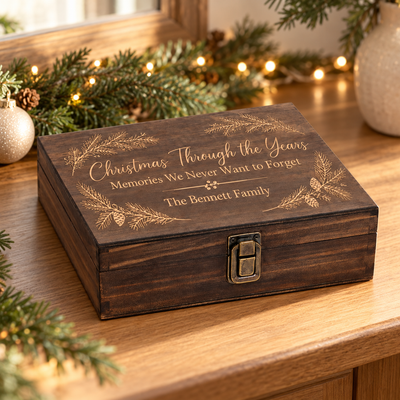 Christmas Through the Years — Personalized Family Memory Box — engraved Single Medium wooden keepsake box in a lifestyle setting