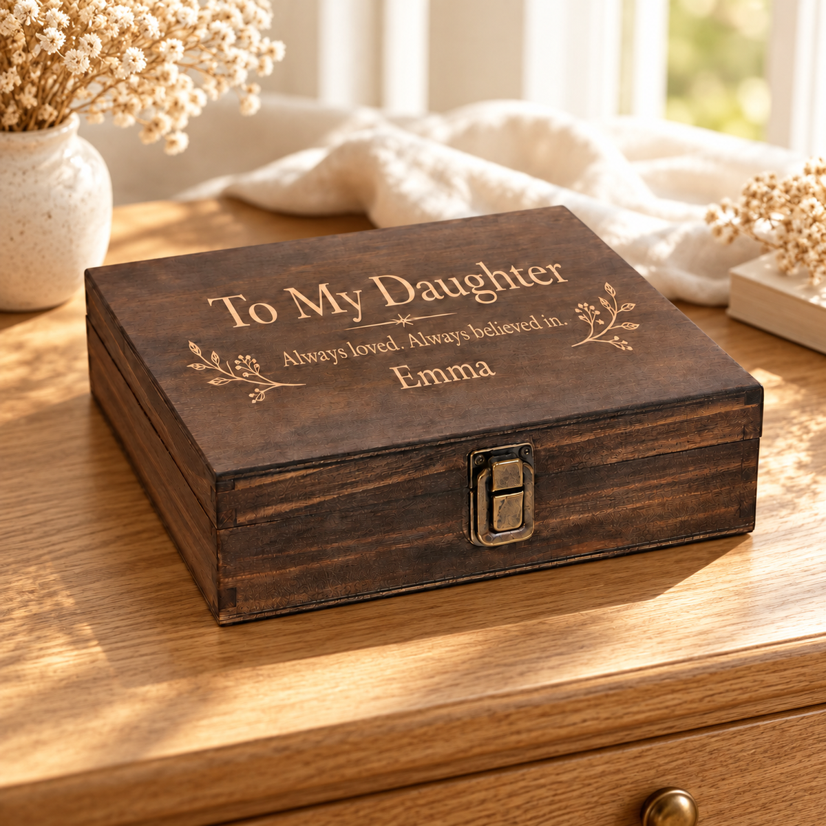 To My Daughter — Personalized Letter Keepsake Box — engraved Single Medium wooden keepsake box in a lifestyle setting