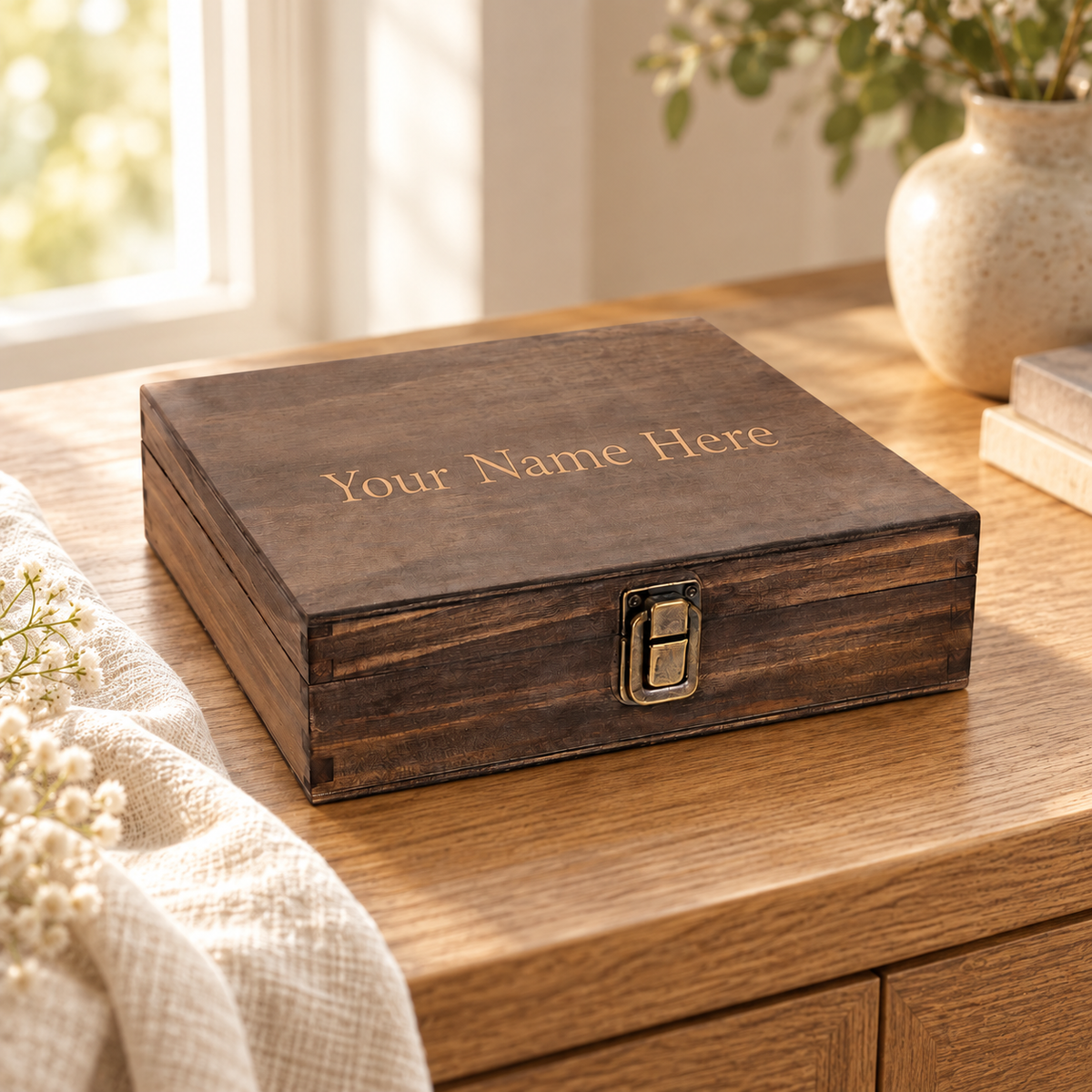 Personalized Wooden Memory Box – Engraved Keepsake Box — engraved Single Medium wooden keepsake box in a lifestyle setting