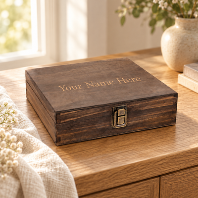 Personalized Wooden Memory Box – Engraved Keepsake Box — engraved Single Medium wooden keepsake box in a lifestyle setting