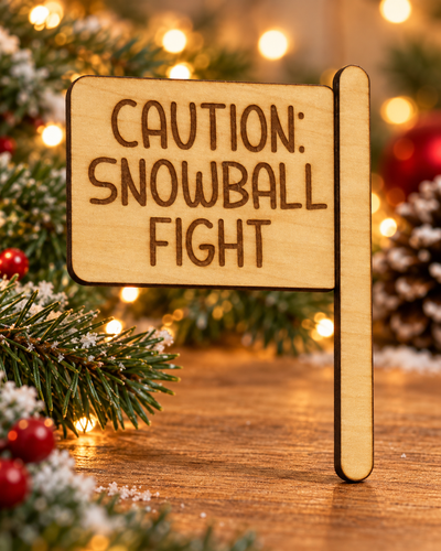 Festive lifestyle concept of laser-cut wooden Christmas Helper prop; original product photograph shows exact engraving and shape