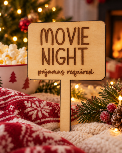 Festive lifestyle concept of laser-cut wooden Christmas Helper prop; original product photograph shows exact engraving and shape