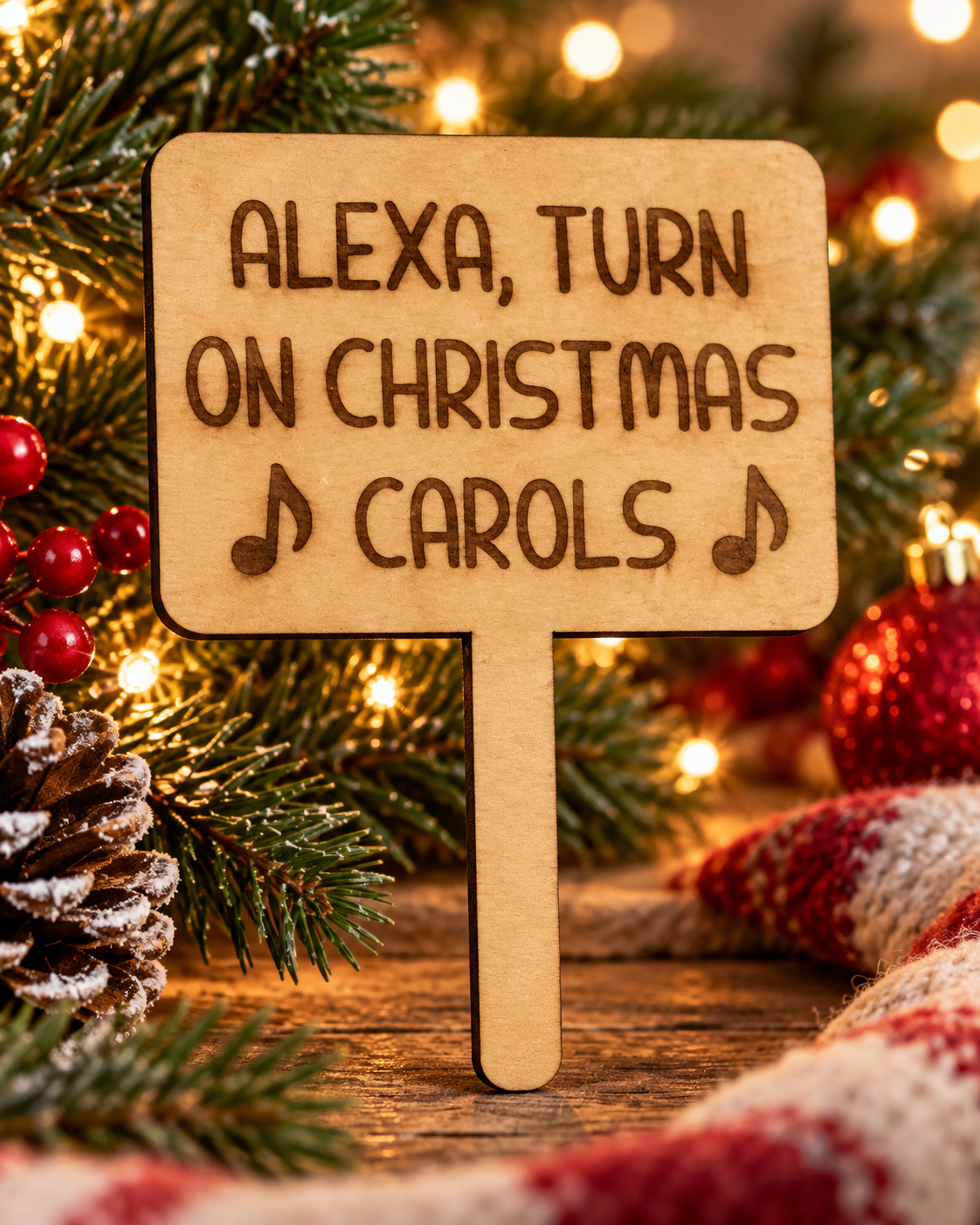 Festive lifestyle concept of laser-cut wooden Christmas Helper prop; original product photograph shows exact engraving and shape