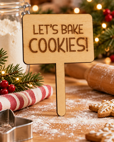 Festive lifestyle concept for Christmas Helper Let’s Bake Cookies Mini Sign; original photo retained for exact engraving