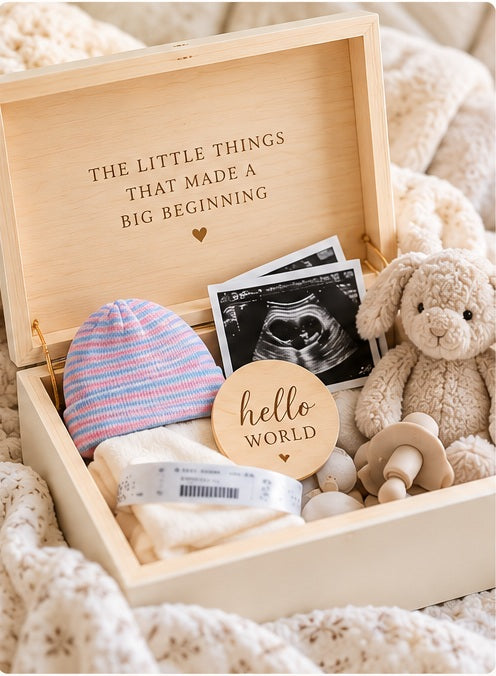 New mom baby keepsake box with hospital mementos