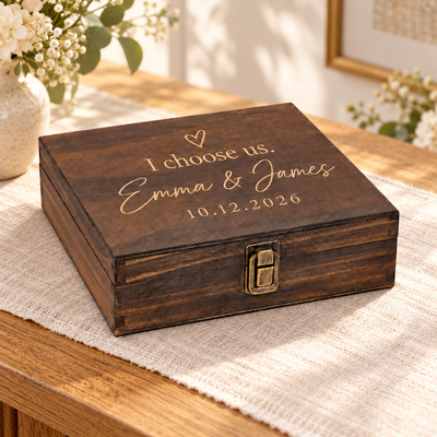I Choose Us — Personalized Proposal & Engagement Keepsake Box — engraved Single Medium wooden keepsake box in a lifestyle setting