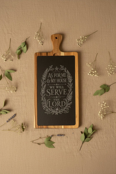 As for Me & My House Engraved Acacia Slate Serving Board – portrait product view