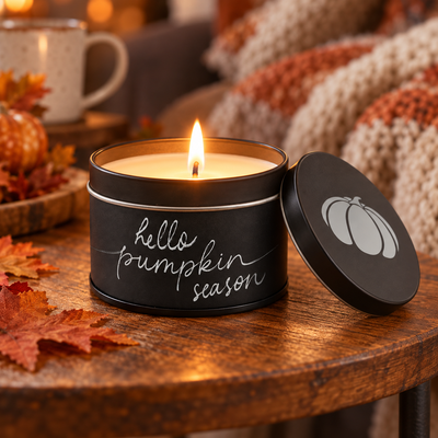 Hello Pumpkin Season tin candle lit lifestyle photo