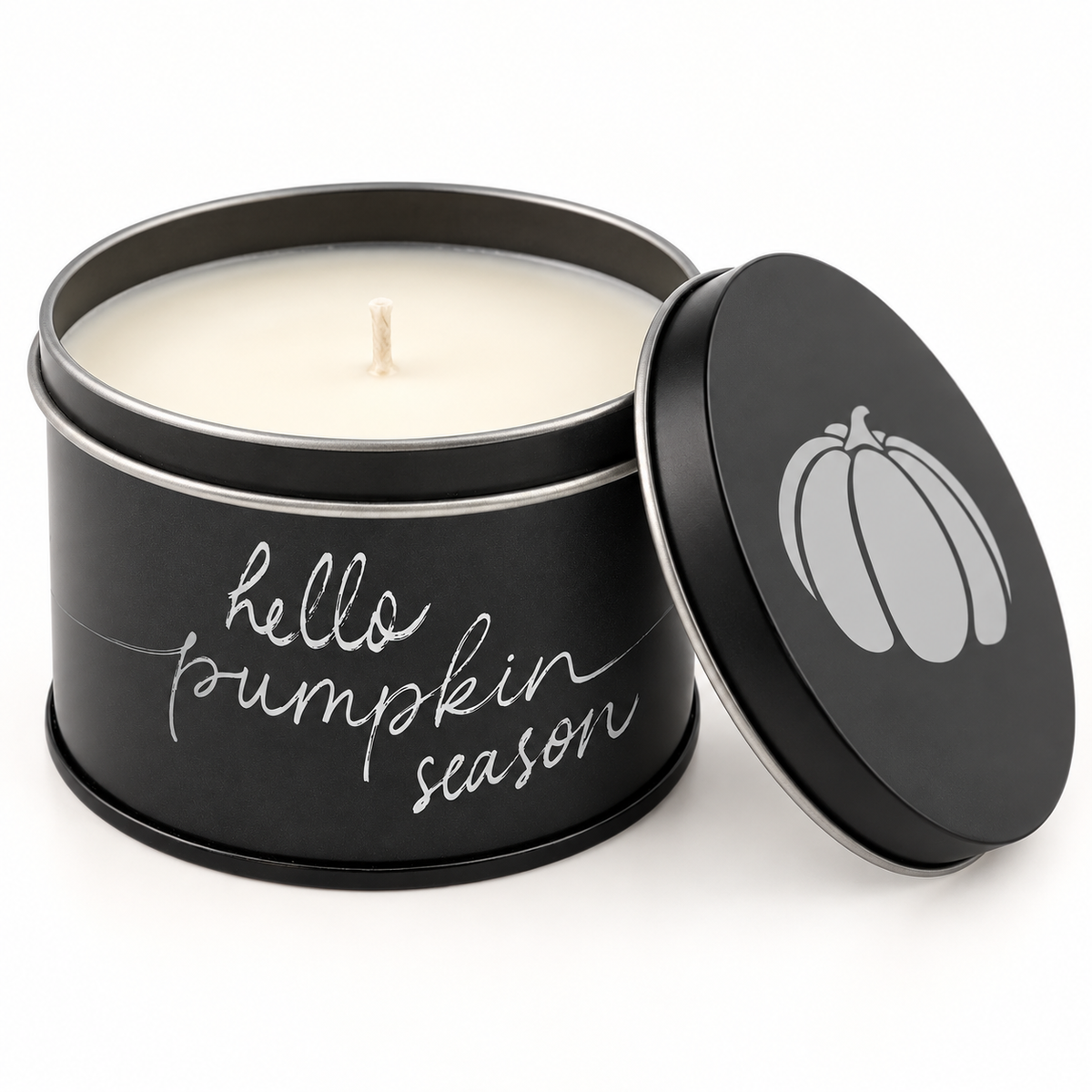 Hello Pumpkin Season tin candle open product view