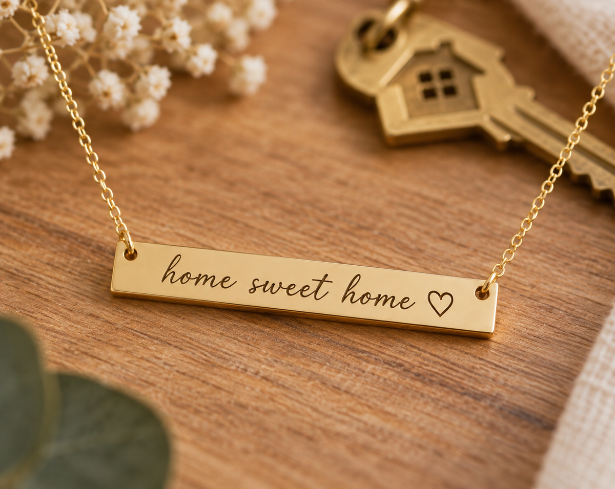 Home Sweet Home necklace engraving close-up