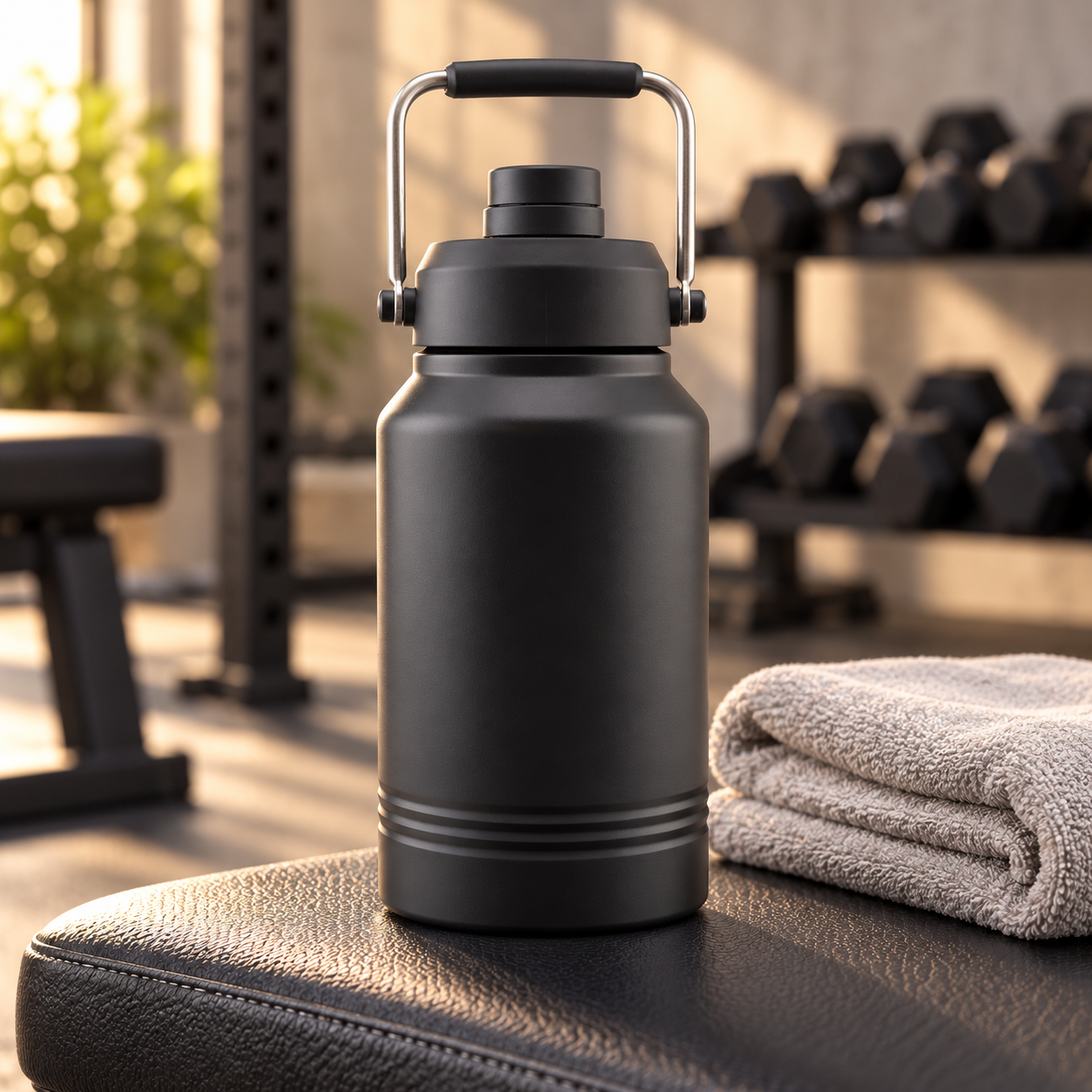 Blank black insulated hydro bottle on a gym bench