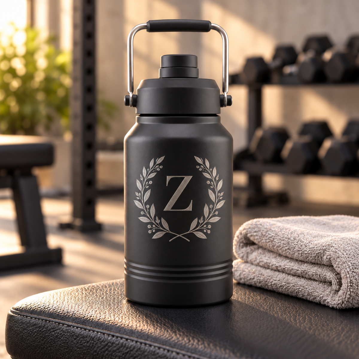 Black insulated hydro bottle with botanical Z monogram engraving