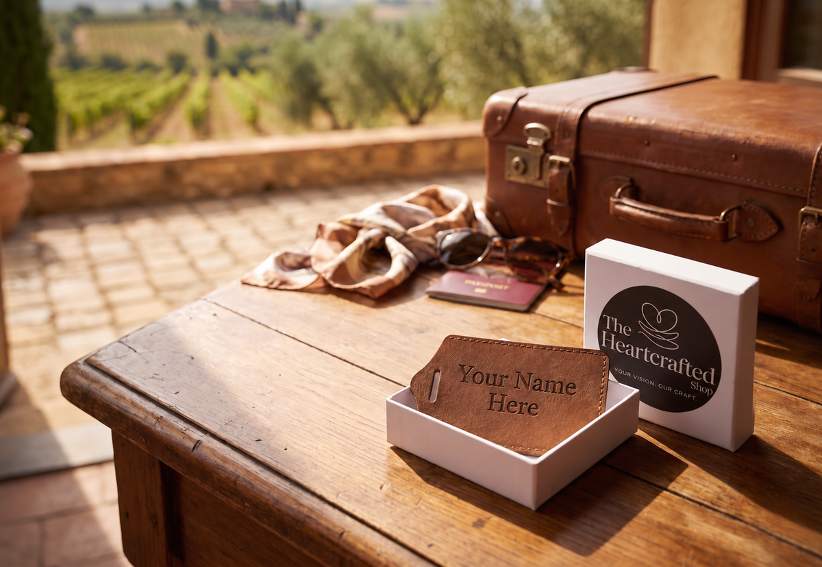 Brown luggage tag personalized with Your Name Here