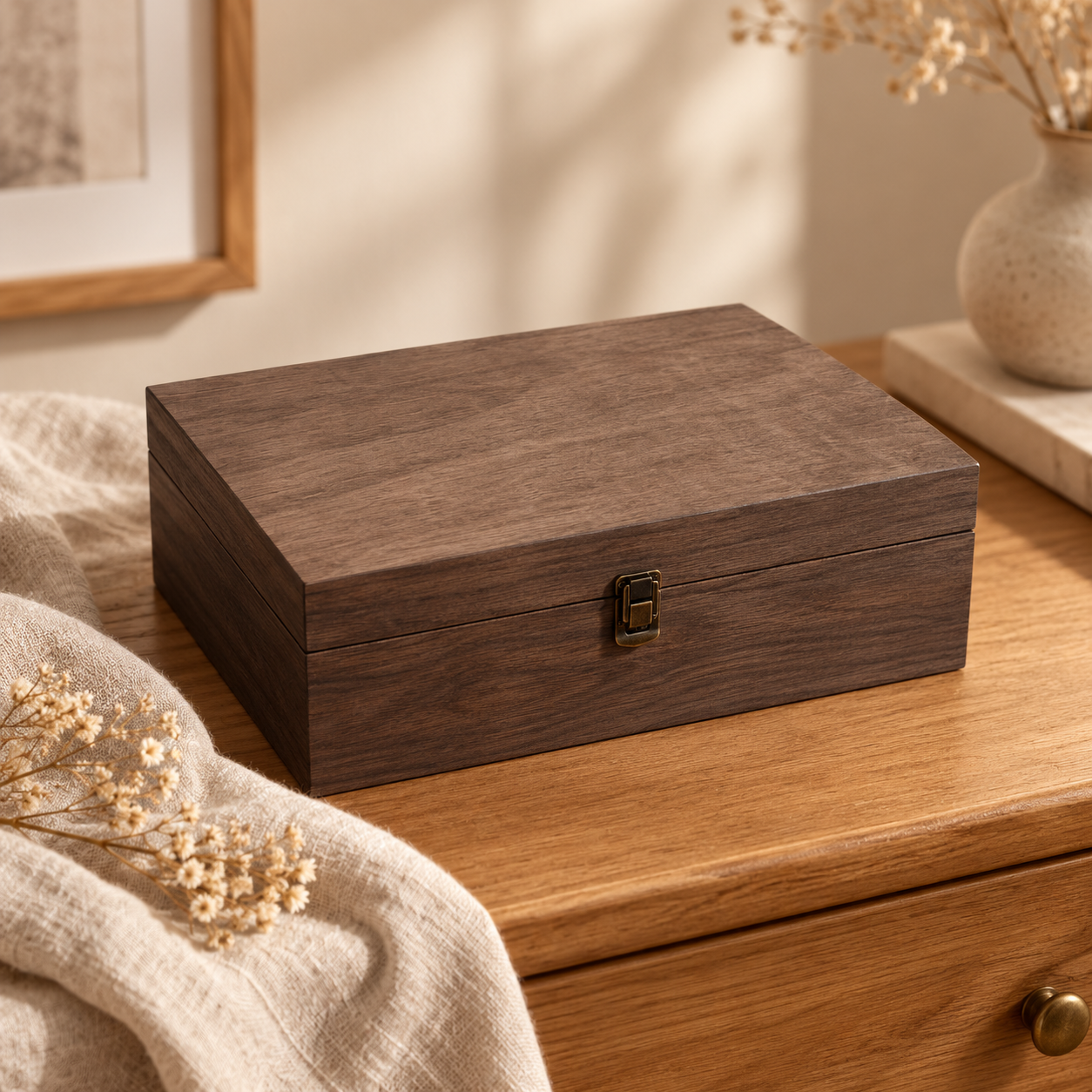 Blank dark walnut memory box styled on a neutral dresser