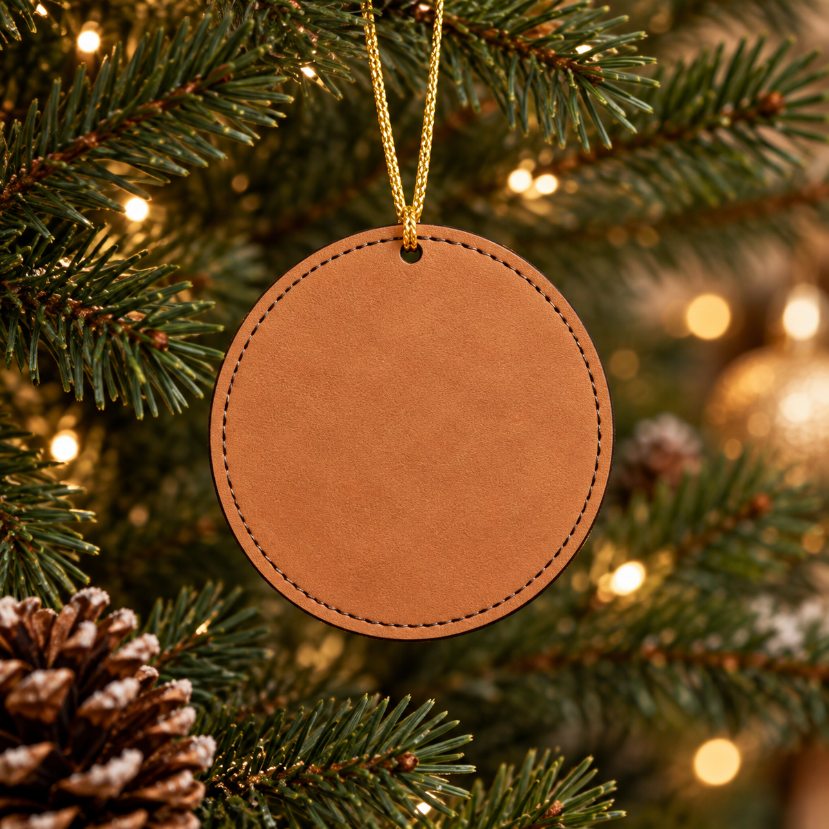 Blank leatherette Christmas ornament on an evergreen branch