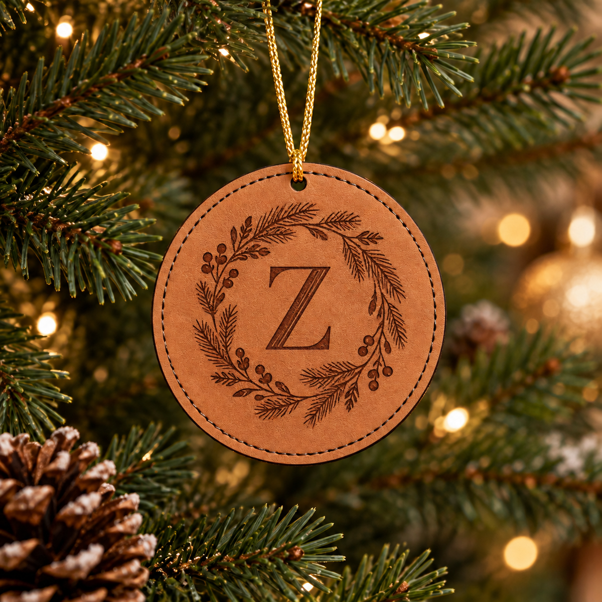Tan leatherette Christmas ornament with evergreen Z monogram engraving