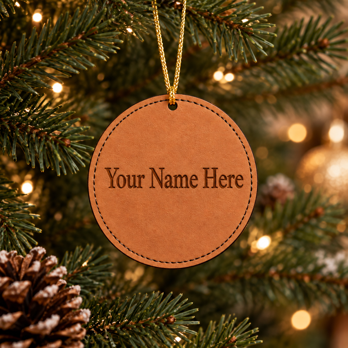 Tan leatherette Christmas ornament personalized with Your Name Here