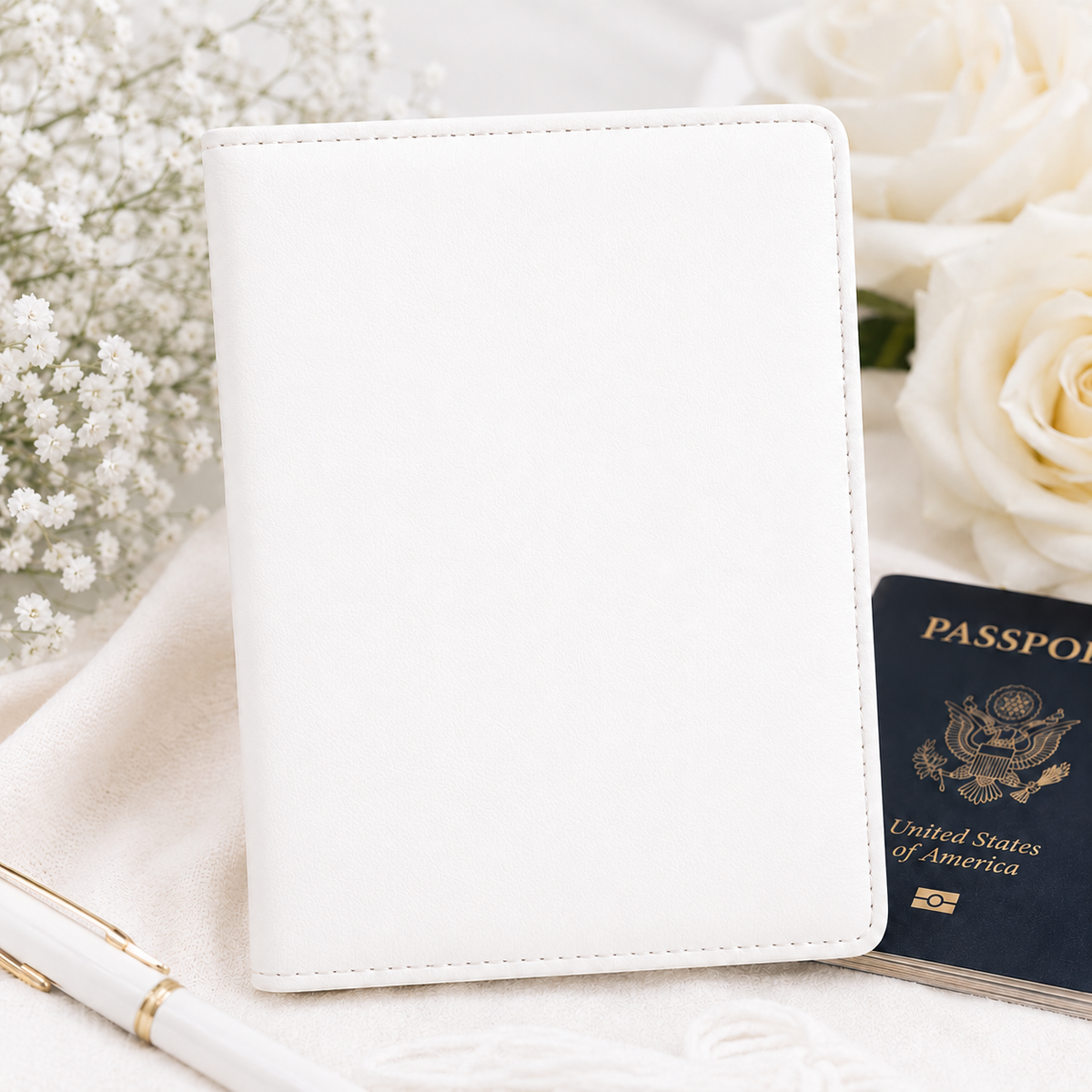 Blank white passport holder ready for personalization