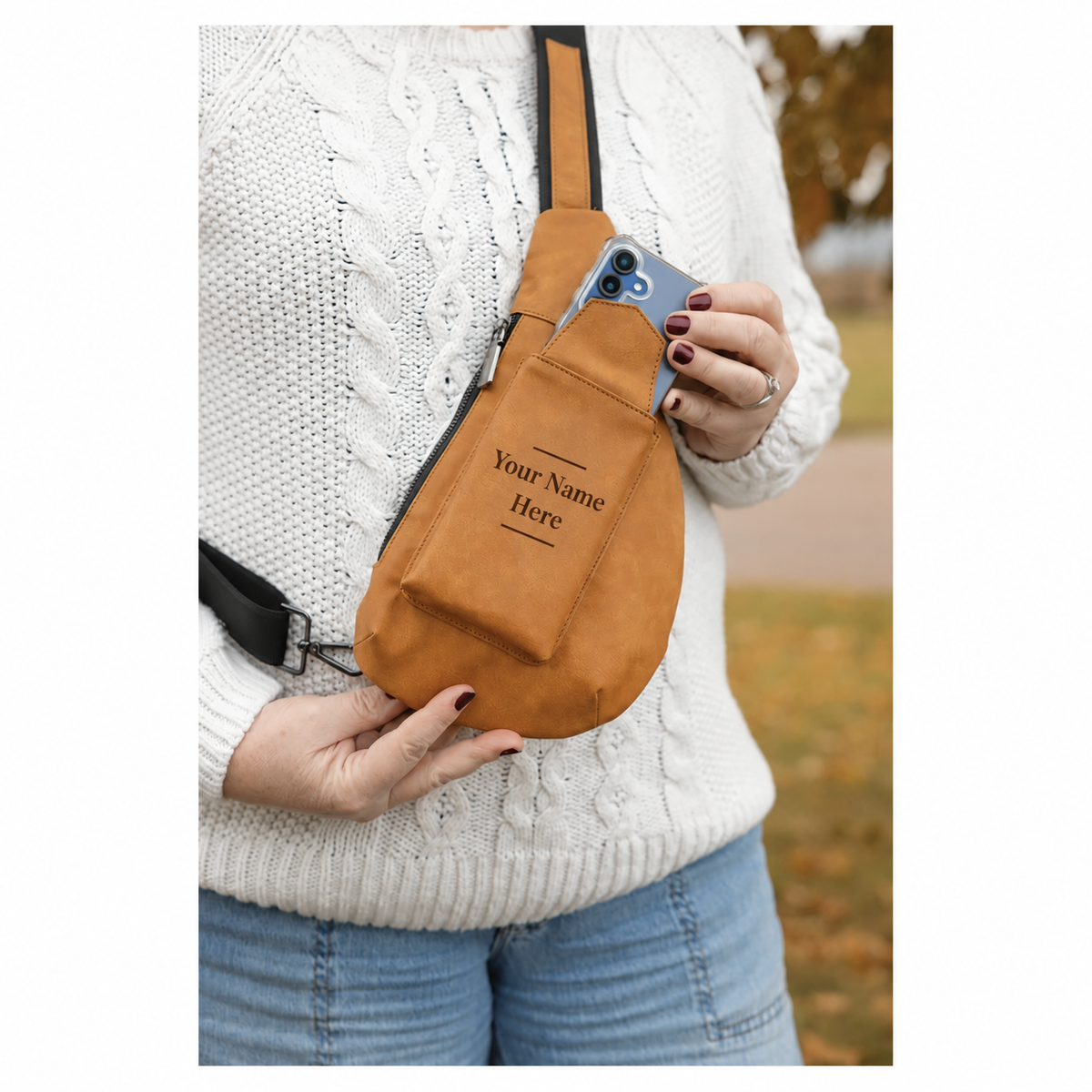 Personalized leather sling bag engraved Your Name Here
