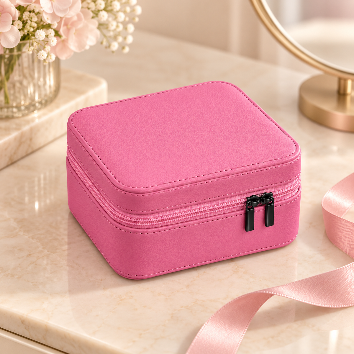 Blank pink leatherette jewelry box on a soft neutral vanity