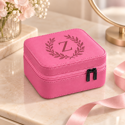 Pink leatherette gift box with botanical Z monogram engraving