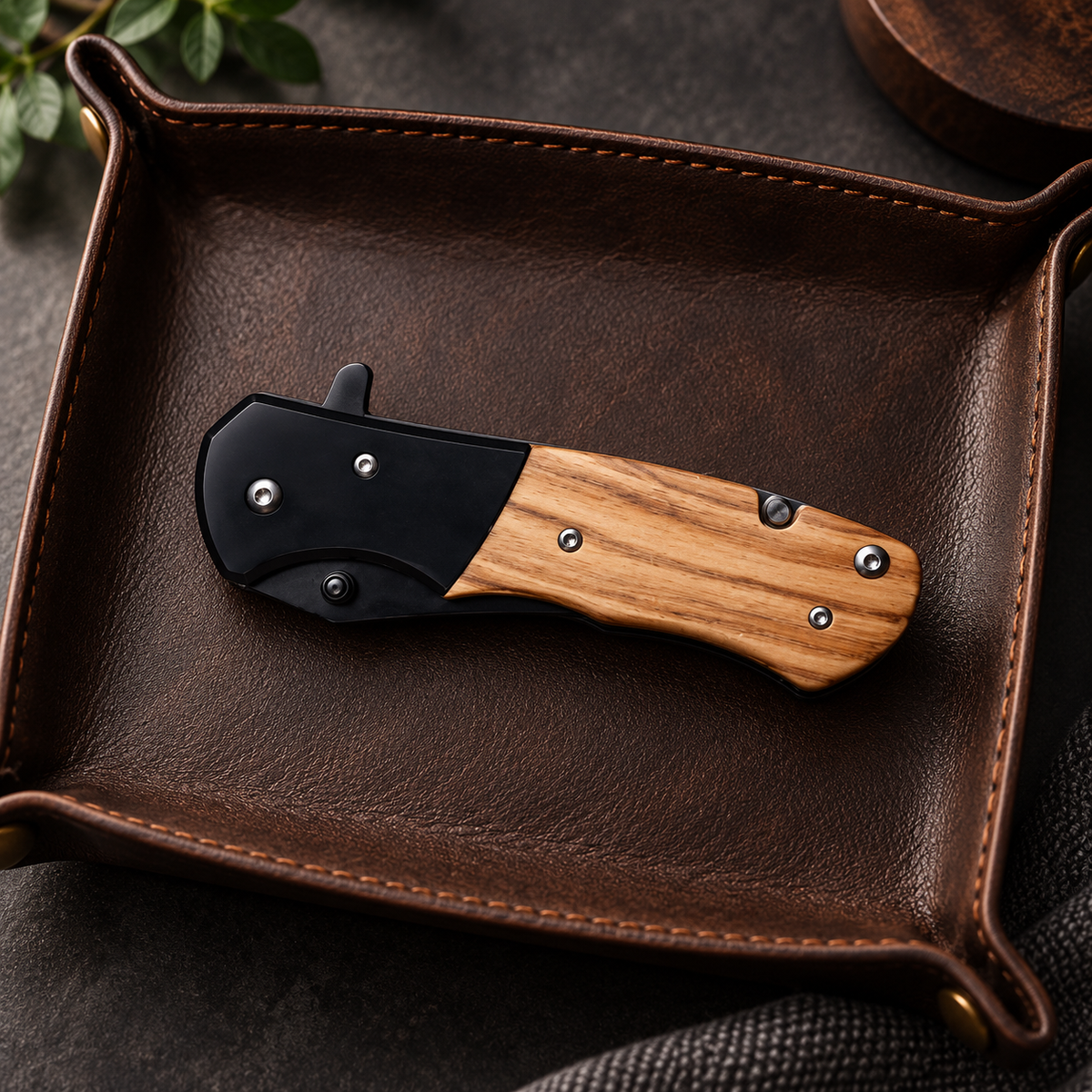 Blank natural wood folding pocket knife in a leather valet tray