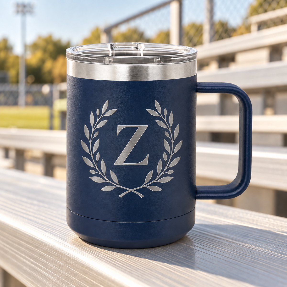 Navy school spirit mug with botanical Z monogram engraving