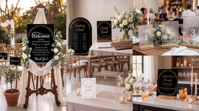 Luxury coordinated wedding signage with seating chart, guest book, table numbers, reserved signs, cards and gifts, and signature drinks