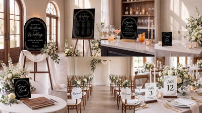 Black and gold Signature Wedding Suite styled across ceremony and reception spaces