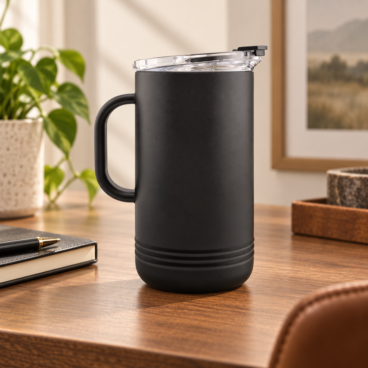 Blank black handled travel mug on a refined desk
