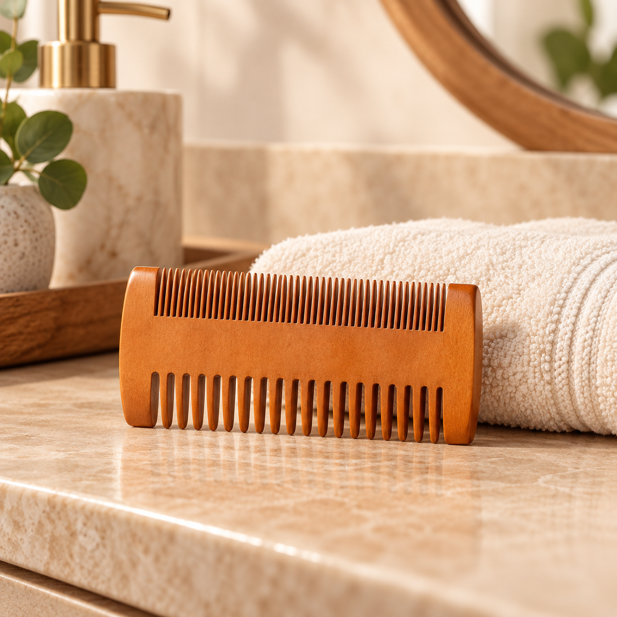 Blank pear wood double sided comb on a neutral vanity